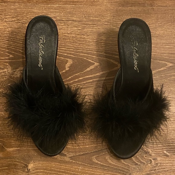 Fabulous Black Marabou Heels Slides Clear Heels Slippers 6 - Picture 4 of 9